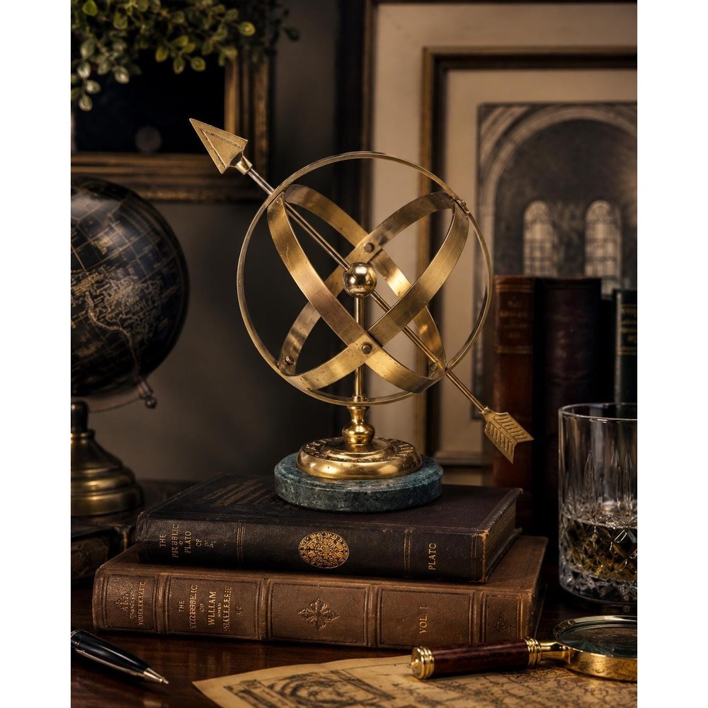 Vintage Brass Armillary Sphere Sculpture,‎ Green Marble Base, Celestial Zodiac